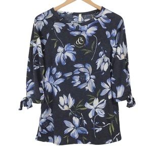 Floral Print Tie Sleeves Top Size S Dark Blue Mai Soli Made In USA New NWT